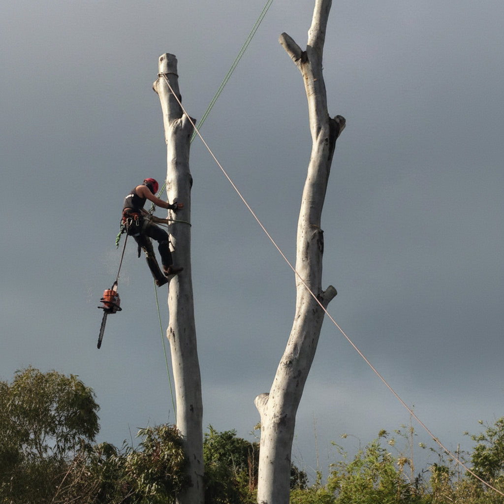 A tree arborist wearing a red helmet and climbing harness ascends a tall, bare tree trunk while holding a chainsaw, with ropes and another tree visible against an overcast sky.